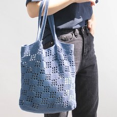 格紋編織網袋DIY套組+棒針, 1套, 柔和的靛藍(120)