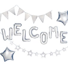PartyPang 歡迎派對裝飾氣球組, 1套, 人字紋星星 Welcome 銀色