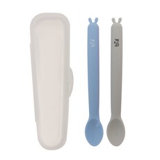 BABY&I 果凍感矽膠學習湯匙 2入+收納盒, 藍色+灰色, 1組