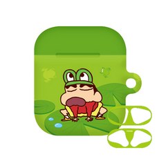 蠟筆小新 動物硬殼AirPods保護殼 + 防鐵粉貼紙, AirPods, 青蛙小新, 1組