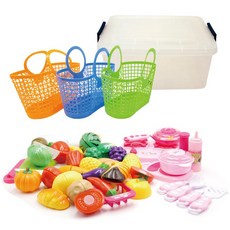 水果蔬菜麵包切片玩具 29種+料理烹飪玩具 12種+購物車 隨機出貨 3入+收納箱