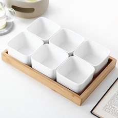 PUKO 方形餐盤 6入+木托盤 C101, 1套, 方形 6p + 餐盤, 單色