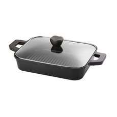 LOOQ 電磁爐適用雙耳鑄鐵不沾3合1方形橫紋烤盤+玻璃鍋蓋, 298 x 240 x 60 毫米, 1個