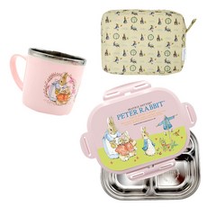 比得兔孩童不鏽鋼餐盤餐具4件組, 粉色, 杯子+便當蓋+餐盤+便當袋