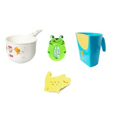fisher-price 費雪 沐浴器具組, 白色(勺子)+藍色(沖頭水瓢)+隨機出貨(沐浴海綿+溫度計), 1組