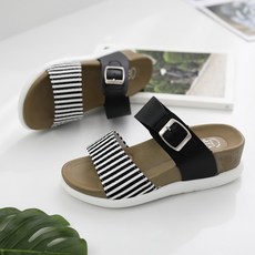 GODSHOE 女款條紋釦帶涼拖鞋, Black, 245mm