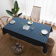 格紋流蘇桌布鋼琴罩, 海軍藍, 90 x 90 cm