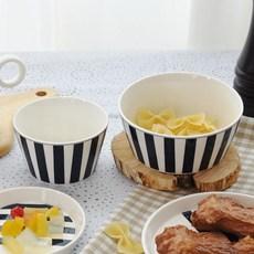 PRELUDE 2款線條印花餐具組 4入, 深藍色, 飯碗 4入+大碗 4入