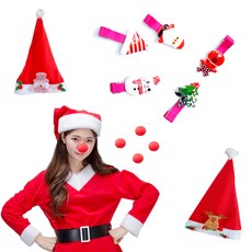 PARTYSHOW 魯道夫鼻子 5入 + 聖誕髮夾 5種 隨機出貨 + 娃娃聖誕帽 2種 套組, 混合顏色, 1套