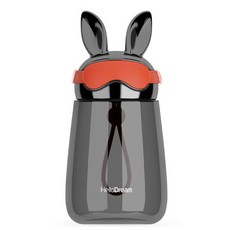 PUKO 兔子飛行員造型耐熱玻璃水瓶, 黑色, 400ml