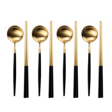 Bloom at home 湯匙+筷子 黑金色, 4套, 4湯匙+4筷子