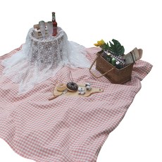 픽홈 單面防水亞麻格紋野餐墊, 煙燻粉