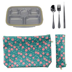 ACACIA 不鏽鋼餐盤餐具組, 綠色 橘子款, 不鏽鋼便當盒+湯匙+筷子+叉子+餐具袋 2入