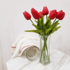 이플린 튤립 조화 10p + 유리 화병 세트, 레드, 1세트