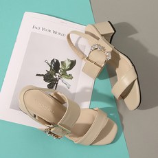 JACK&JILL 女士大尺碼寶石中跟涼鞋 5cm J-0305BIG, 米色, 260