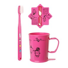加寬兒童牙刷11-13歲+牙刷杯+沙漏套組粉色, 1組