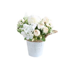 GUNU 조화 철 양동이 국화 수국 장식, 화이트, 1개