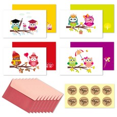 부엉이 미니카드 4종 x 2p + 레드봉투 8p + 크라프트 봉인스티커 8p, 혼합색상, 1세트