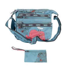 Minigirl 大象雙拉鍊斜揹包 + 手拿包 EB3016 肩背, 藍綠色