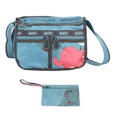 Minigirl 大象雙口袋斜揹包 + 手拿包 EB190, 藍綠色