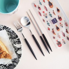 Eiffel 高級餐具勺 + 筷子 + 叉子 + 小袋套組, 銀色+黑色, 1套, 湯匙+筷子+叉子+收納包