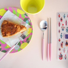 Eiffel 高級餐具 湯匙 + 筷子 + 叉子 + 收納袋 套組, 銀色 + 粉紅色, 1套, 湯匙 + 筷子 + 叉子 + 收納袋 1組