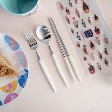 Eiffel 高級餐具勺 + 筷子 + 叉子 + 小袋套組, 銀色+白色, 1套, 湯匙+筷子+叉子+收納包