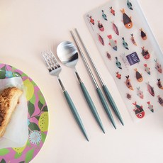 Eiffel 高級餐具 湯匙 + 筷子 + 叉子 + 收納袋 套組, 銀色 + 橄欖綠, 1套, 湯匙 + 筷子 + 叉子 + 收納袋 1組