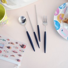 Eiffel 高級餐具勺 + 筷子 + 叉子 + 小袋套組, 銀色+藍色, 1套, 湯匙+筷子+叉子+收納包