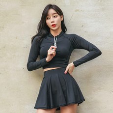 TUBE TREE 女款拉鍊短版長袖防曬T恤+內襯短裙 BE6207BS, 黑色的
