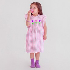 GOING KIDS 女童鬱金香荷葉邊短袖格紋連身裙