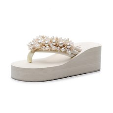 Market A波西米亞珍珠花朵增高女款夾腳拖鞋