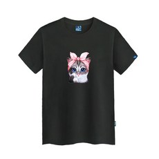 JEANMANIA 髮帶貓咪圖案寬鬆短袖T恤 TS-403, 黑色