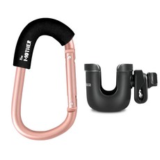 THEMOTHER D型金屬扣環+推車杯架, 掛勾(玫瑰粉)+杯架(黑色), 1組