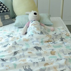 Heim&Heim 動物印花雙層波紋棉毯 135*90cm, 白色 米色 薄荷綠