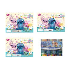 Disney 迪士尼 史迪奇寫生素描本 素描本3入+冰雪奇緣18色色鉛筆套組, 混色, 1組