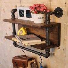 Inpipe管狀原木2層壁掛式置物架 BSH400, 二級, 深灰色+金合歡