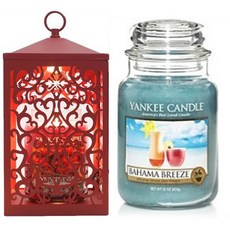 YANKEE CANDLE 蠟燭 L號+定時加熱簍空造型燭燈+燈泡組 2入, 溫暖（紅色），蠟燭（巴哈馬微風）