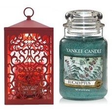 YANKEE CANDLE 蠟燭 L號+定時加熱簍空造型燭燈+燈泡組 2入, 取暖器（紅色），蠟燭（桉樹）