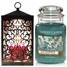 YANKEE CANDLE 蠟燭 L號+定時加熱簍空造型燭燈+燈泡組 2入, 取暖器（黑色），蠟燭（桉樹）