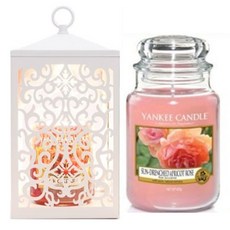 YANKEE CANDLE 蠟燭 L號+定時加熱簍空造型燭燈+燈泡組 2入, 溫暖（白色），蠟燭（太陽扳手杏玫瑰）
