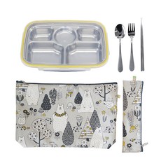 孩童餐盤便當盒組, 森林小熊灰色款, 便當盒+餐具組+餐具袋