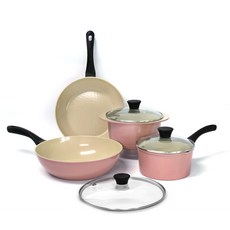 PAllAS IH爐適用陶瓷不沾鍋具 7件組, 獨立粉紅色, 18cm單炳湯鍋+24cm雙炳湯鍋+28cm平底鍋+28cm炒鍋+18cm玻璃鍋蓋+24cm玻璃鍋蓋+28cm玻璃鍋蓋