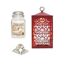 YANKEE CANDLE 蠟燭 L號+定時加熱簍空造型燭燈+燈泡組 2入, 溫暖（紅色），蠟燭（婚禮）