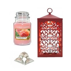 YANKEE CANDLE 造型融燭燈+香氛蠟燭 L號+燈泡 2入, 溫暖（紅色），蠟燭（太陽扳手杏玫瑰）