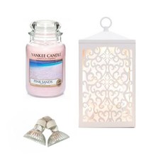 YANKEE CANDLE 造型融燭燈+香氛蠟燭 L號+燈泡 2入, 暖色（白色）、蠟燭（粉沙色）