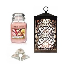 YANKEE CANDLE 造型融燭燈+香氛蠟燭 L號+燈泡 2入, 溫暖（黑色），蠟燭（鮮切玫瑰）