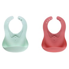 JOY MULTI 領帶造型矽膠圍兜 2入, 薄荷綠+珊瑚紅, 1組