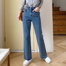 빼빼 여성용 하이웨스트 롱 와이드 부츠컷 데님팬츠