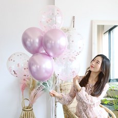 PARTYHAE 鍍鉻混合現代混搭星星亮片氣球 20入 + 手動打氣筒隨機出貨 + 小號白色捲邊緞帶 + 點膠 25入 套組, 玫瑰金, 1套